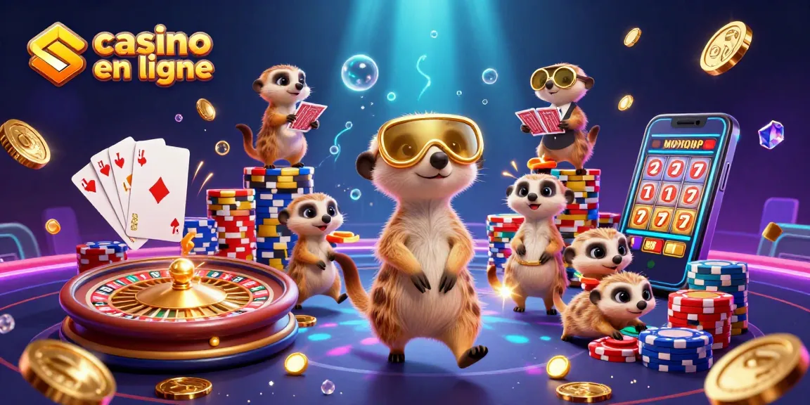Jouer au casino en ligne avec des meerkats animés et des éléments de jeu étincelants.