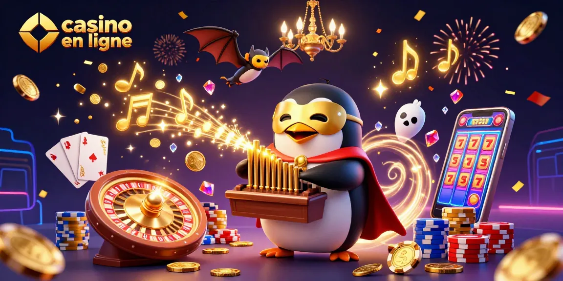 Scène dynamique illustrant le jeu de casino en ligne avec des pièces d'or et un pingouin en spectacle.