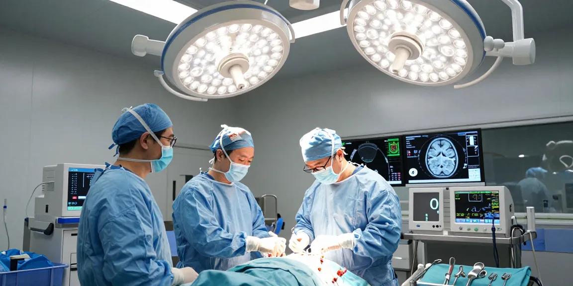 Performing beyin tümörü ameliyatı in a modern surgical theatre with high-tech instruments.