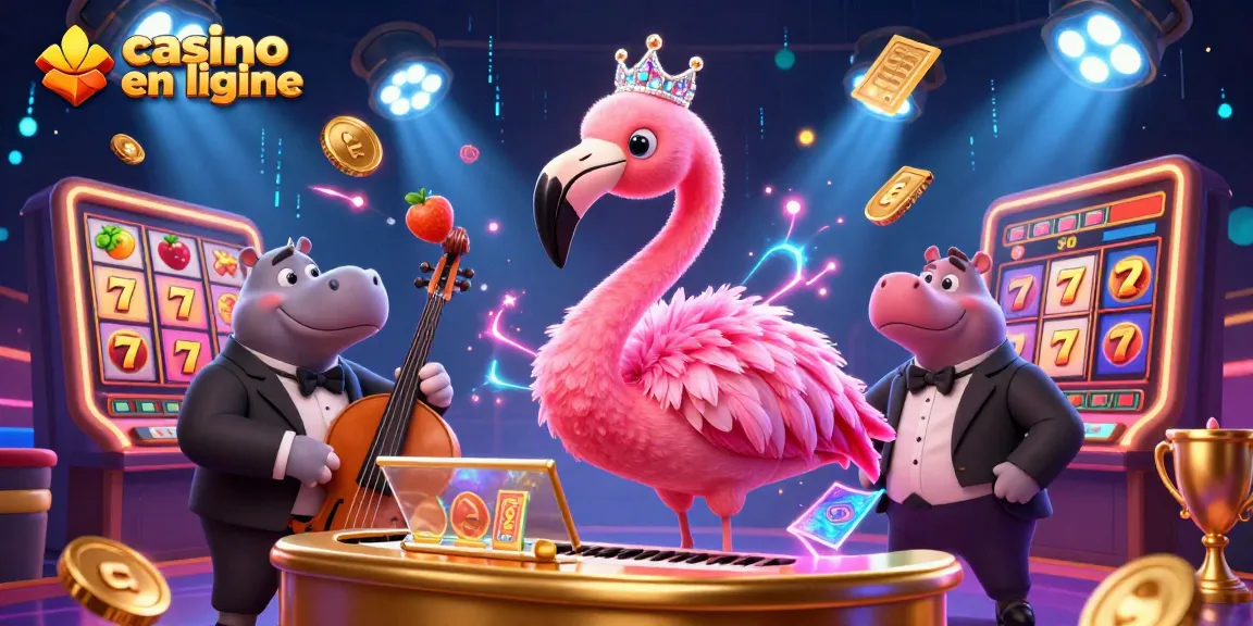 Plongez dans le monde captivant du casino en ligne avec cette illustration brillante d'un flamant chanteur et un hippopotame bassiste.