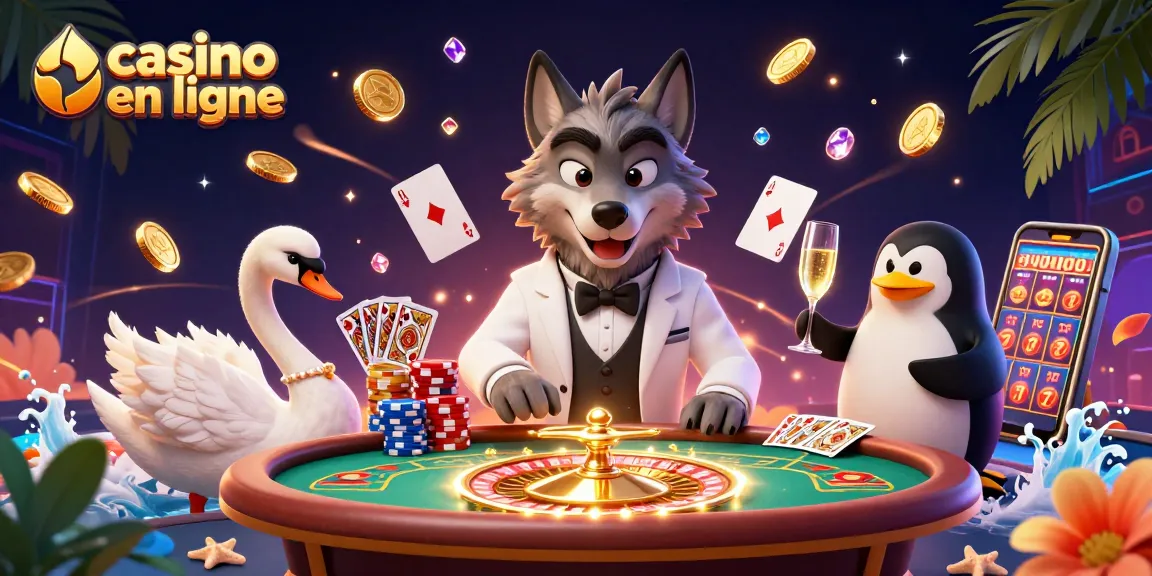 Illustration dynamique captivante de casino en ligne avec un loup élégant, un cygne et un pingouin sommelier.