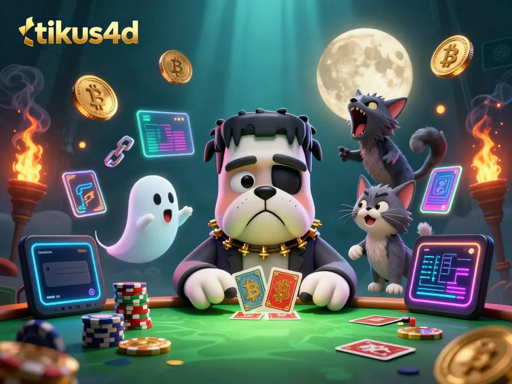 Experience thrilling gaming with tikus4d, featuring a card-playing bulldog and ghostly elements.
