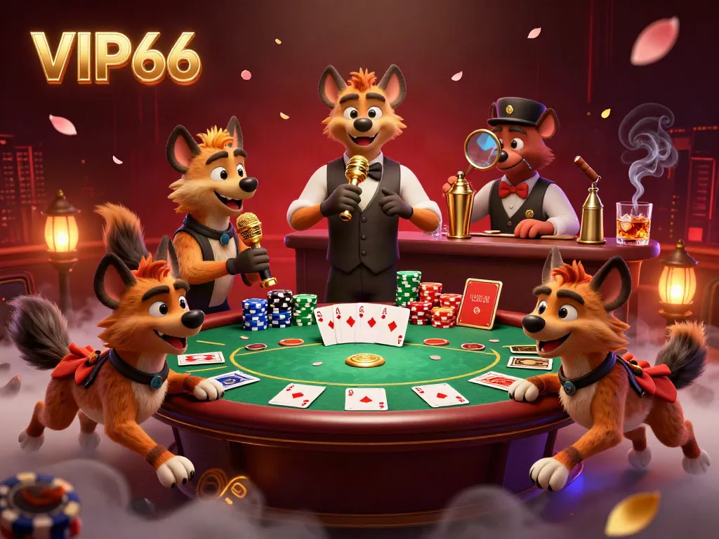 Hyena characters in a vibrant casino setting celebrating VIP66 winnings with poker elements.