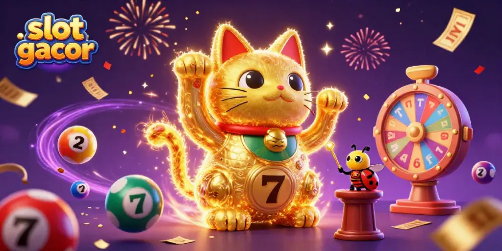 Experience the thrill of slot gacor with a vibrant 3D illustration showcasing a lucky cat and dynamic casino elements.