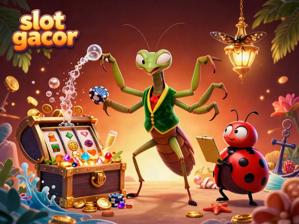 Ilustrasi slot gacor yang menampilkan karakter kasino dan elemen permainan yang menarik.
