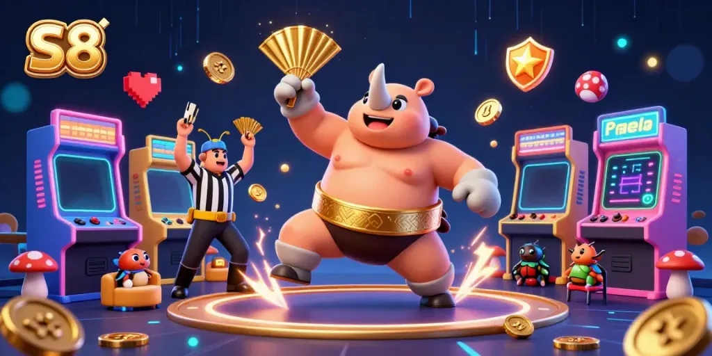 Experience the thrilling excitement of S8 with dynamic characters celebrating wins in a vibrant casino setting.