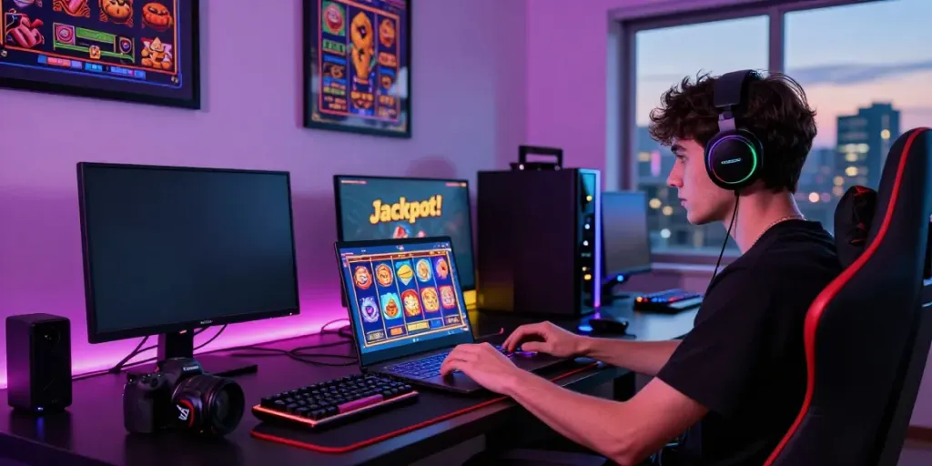 Engaged gamer playing slot games on a colorful laptop in a vibrant gaming setup.