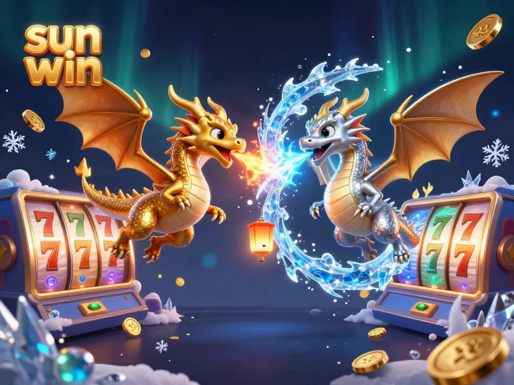 Experience thrilling gameplay with sun win as golden and silver dragons clash in a vibrant casino scene full of slots and excitement.