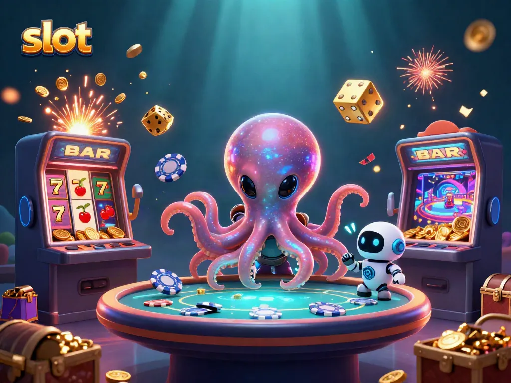 Experience thrilling slots action with a captivating alien octopus at a holographic poker table.