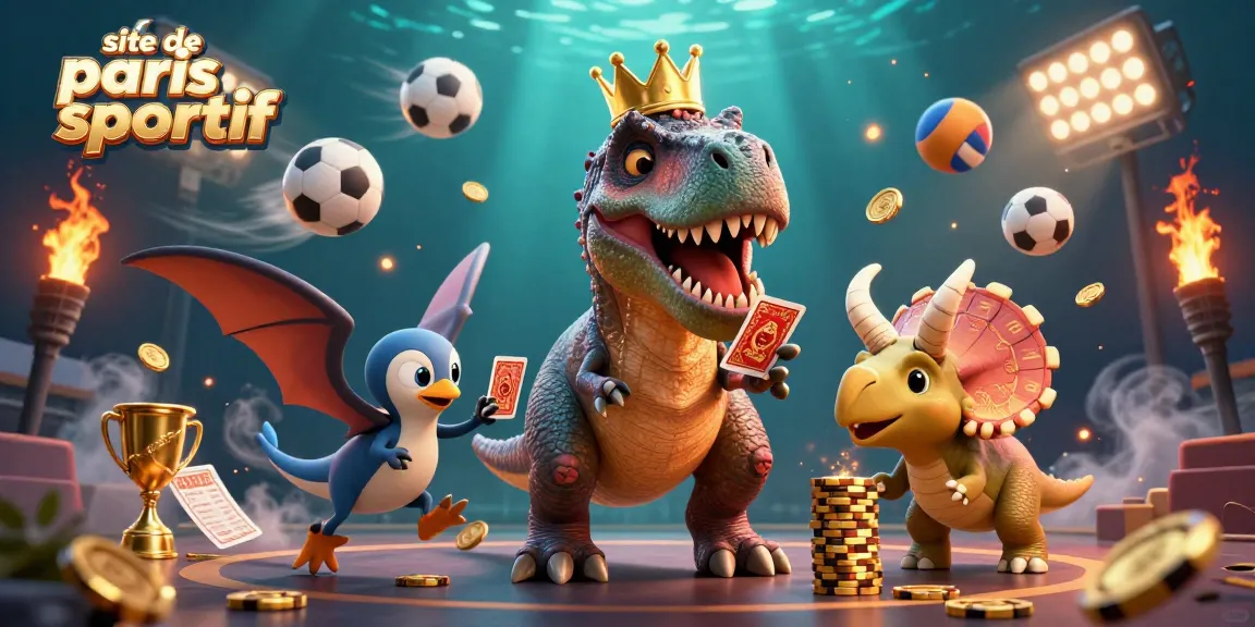 Visualisez un site de paris sportif avec un T-Rex amusant, des jeux sportifs et des trophées animés.