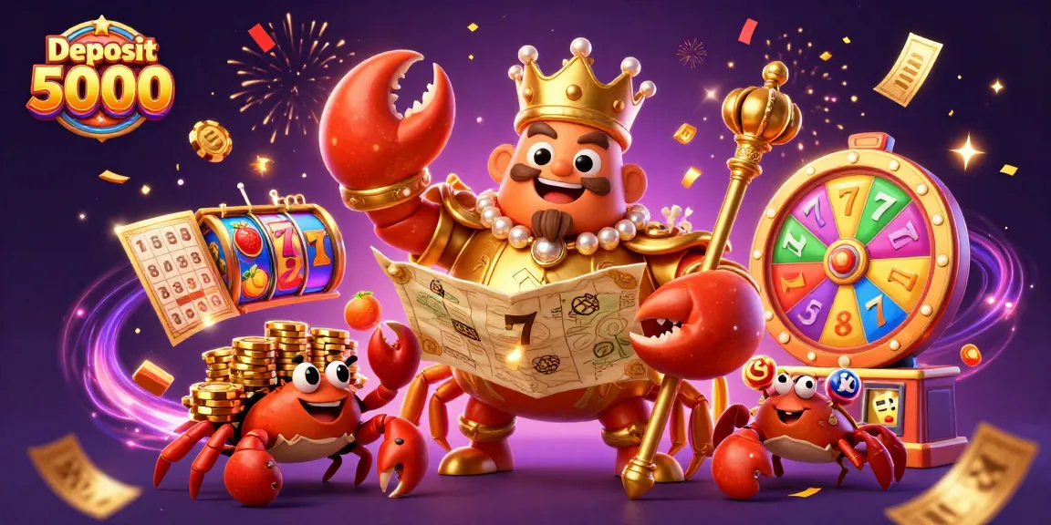 Menang besar dengan Deposit 5000 melalui simbol jackpot slot dan koin emas di latar belakang.