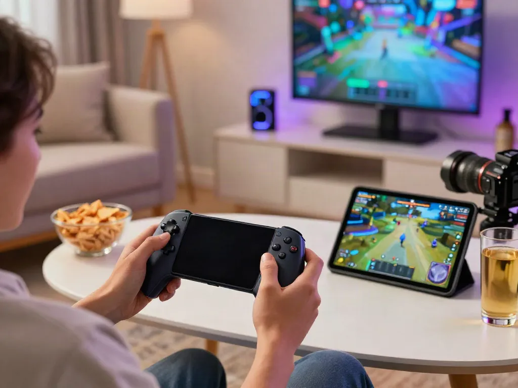 Engaged user enjoying the rokok88 apk in a cozy gaming environment with snacks and modern equipment.