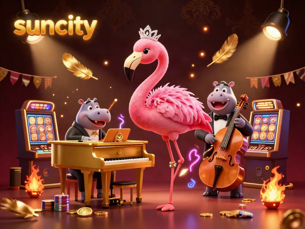 Engage with suncity's vibrant casino scene, featuring an animated flamingo singer and dynamic game elements.