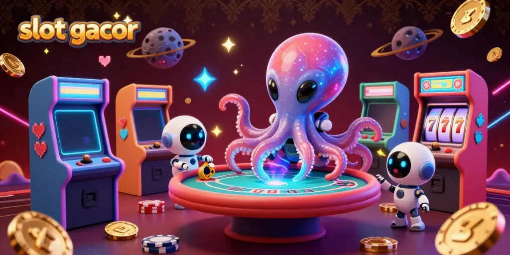 Experience slot gacor with a vibrant 3D illustration of an alien octopus at a poker table.