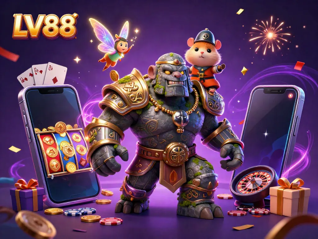 Experience the excitement at LV88 with vibrant characters and gaming elements in a thrilling casino scene.