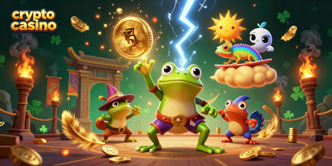 Visualizza il crypto casino con personaggi magici e monete d'oro che volano, creando un'atmosfera dinamica.