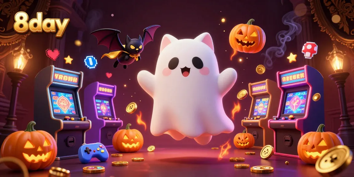 Engage with thrilling gaming at 8day, featuring a ghost cat and glowing casino elements.
