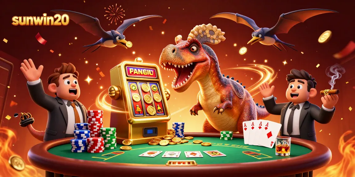 Join the fun with sunwin20 as a cartoon pachycephalosaurus hits a slot machine showering jackpot coins!