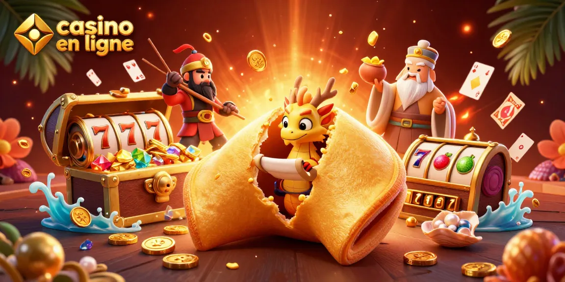 Profitez d'une illustration de casino en ligne avec un dragon sage et des symboles de machines à sous flottants.
