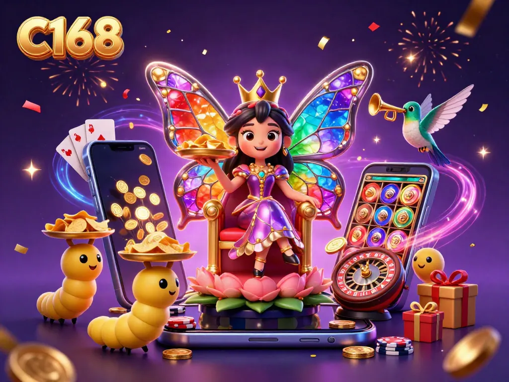 Experience the magic of C168 with vibrant casino elements and enchanting characters in a dynamic scene.