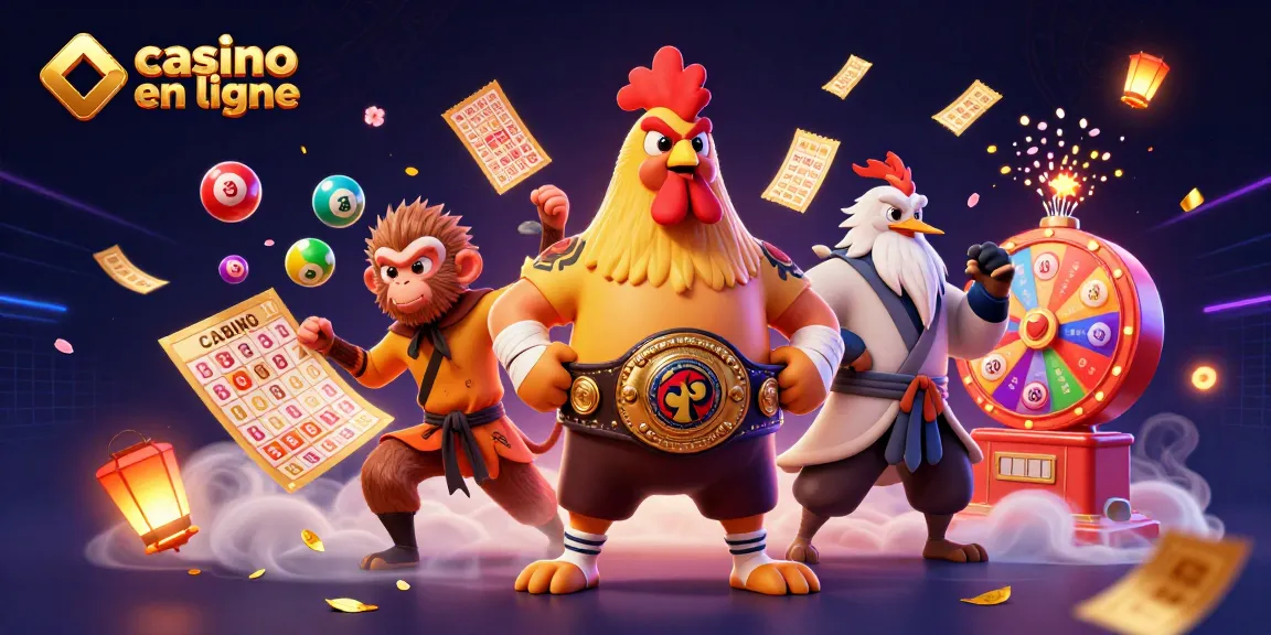 Illustration dynamique représentant un casino en ligne illustrant un coq Muay Thai, un singe Shaolin et une grue sage.
