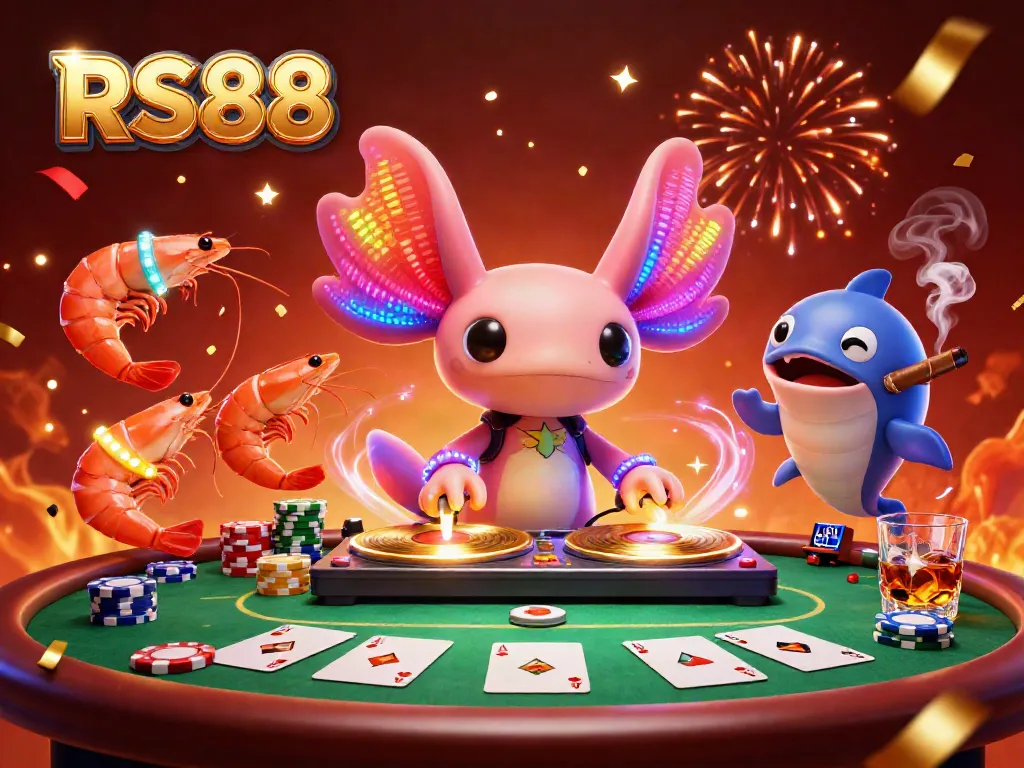 Engage in vibrant RS88 casino action with glowing characters and vivid chips popping in a celebratory atmosphere.