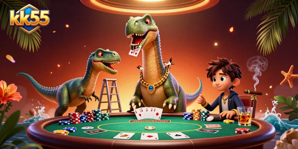 Engage with kk55 as a dinosaur deals cards over a vibrant casino table under a stunning sunset.