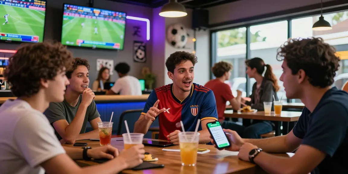 Fans engaging in soccer betting with Gacor25 app at a vibrant sports bar during World Cup 2026.