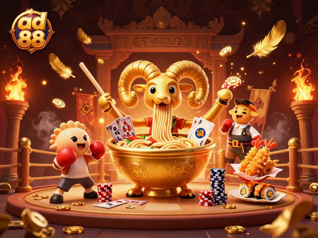 Experience thrilling gaming excitement at ad 88 with giant ramen bowl characters in a vibrant casino scene.