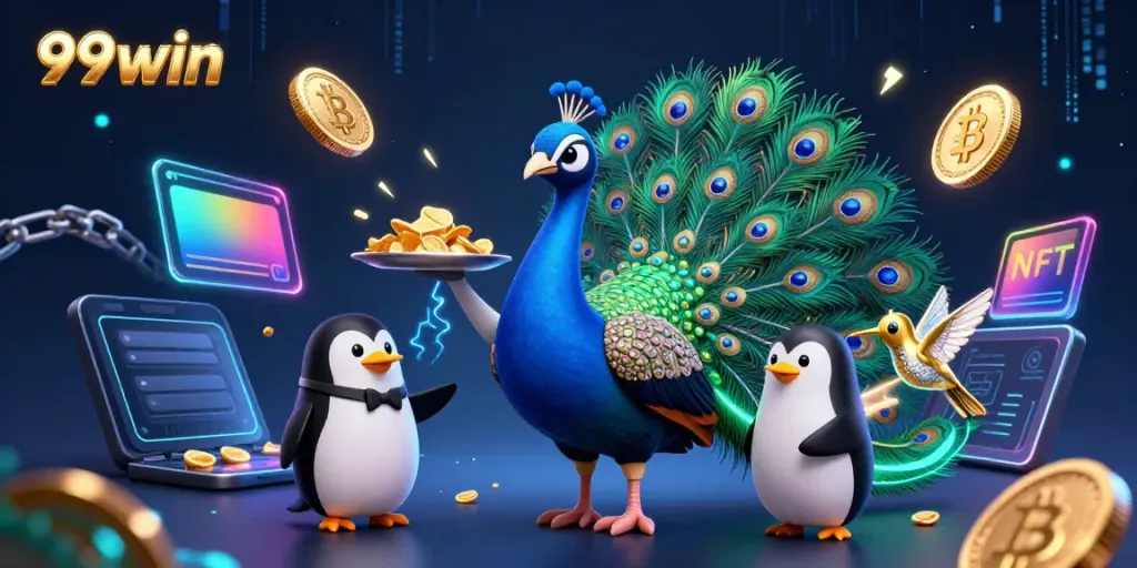 Experience thrilling gaming with the vibrant 99win scene featuring colorful characters and coins.