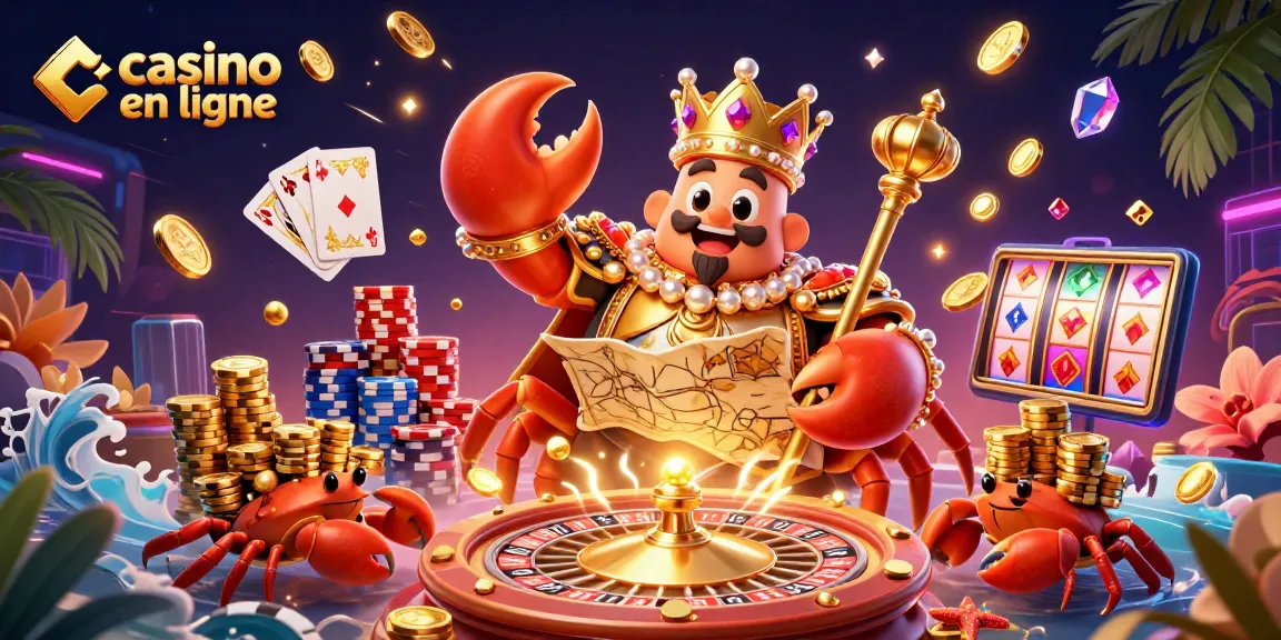 Profitez de l'excitation du casino en ligne avec ce crabe impérial serein tenant un sceptre et une carte du trésor, entouré de richesses.