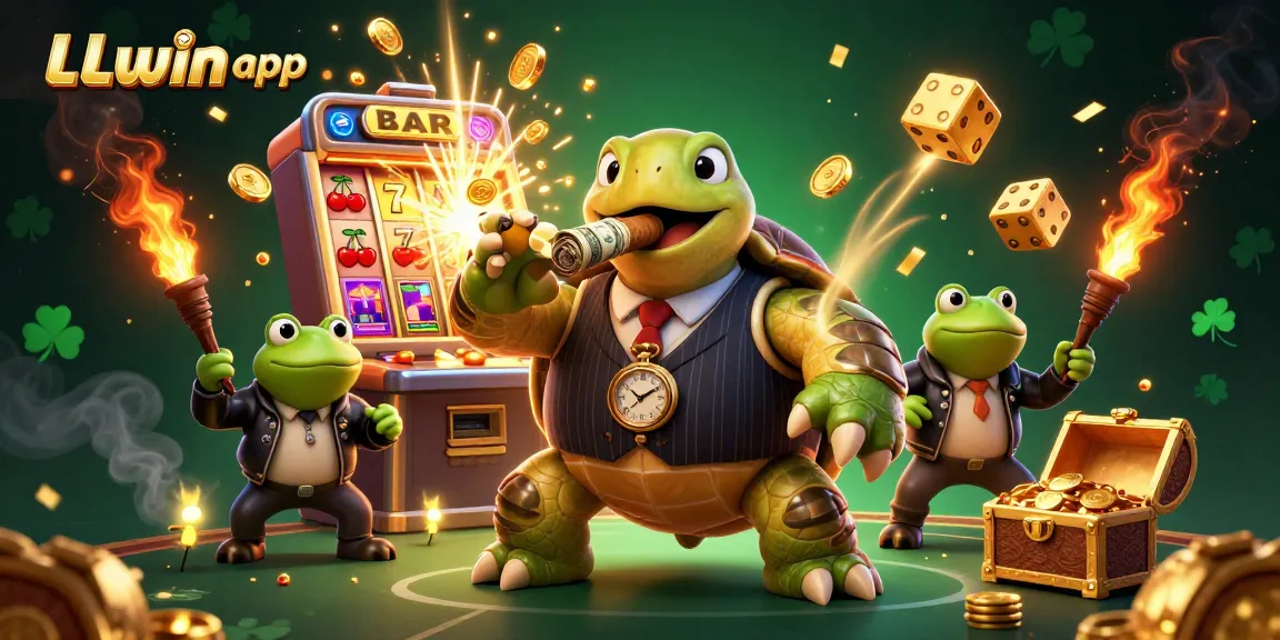 Engage with the LLwin app, featuring thrilling slot action and vibrant casino elements in this dynamic illustration.