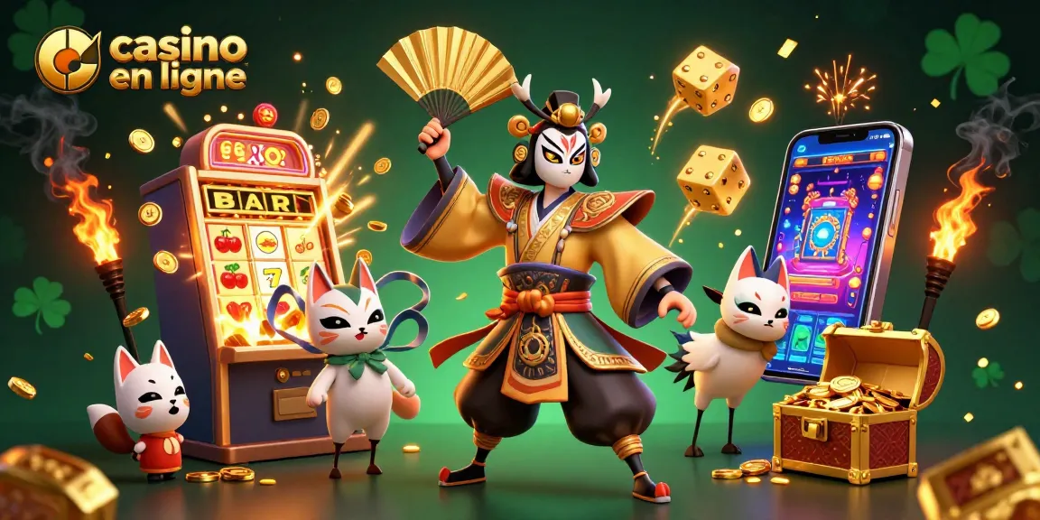 La scène dynamique d'un casino en ligne mettant en vedette un guerrier kabuki et des symboles de jeu animés.
