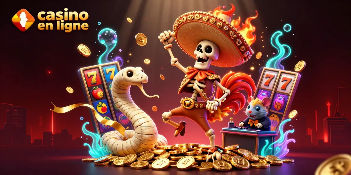 Illustration dynamique de jeux au casino en ligne, avec personnages et éléments de jeu.