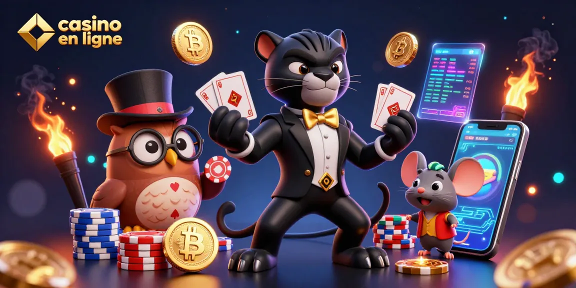 Jouer aux jeux de casino en ligne avec une panthère élégante et un hibou, mettant en avant des jetons et bitcoins.
