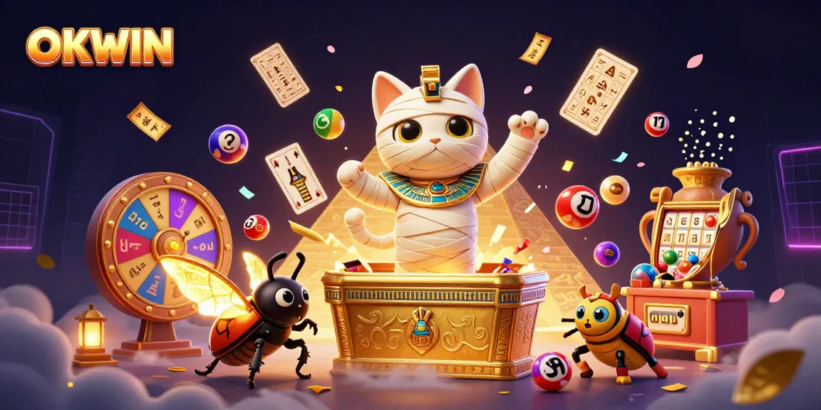 OKWIN enhances gaming thrill with vibrant casino scenes featuring a mummy cat and glowing scarab.