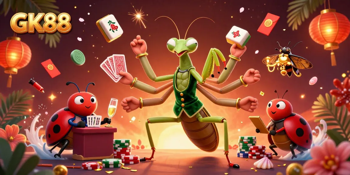 Experience GK88 thrills with a 3D mantis dealer and casino festive elements.