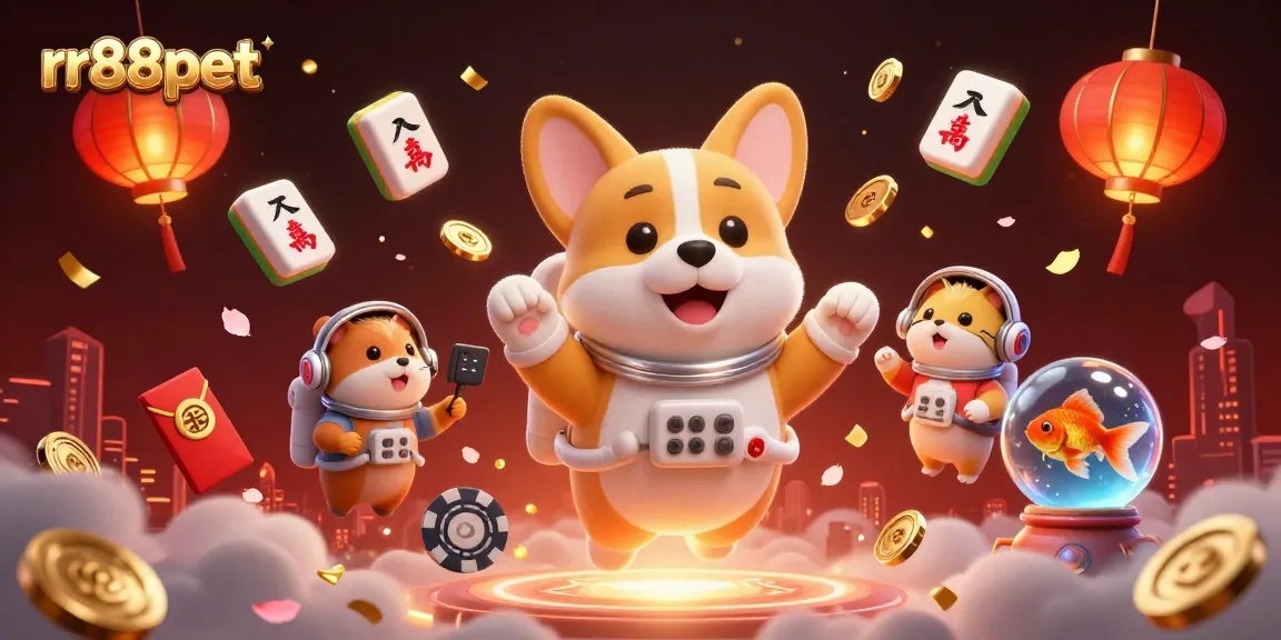 rr88pet delights players in a dynamic casino setting with floating coins, poker chips, and vibrant game elements