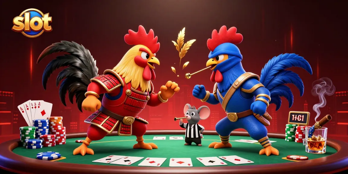 Spin and win big at slots with high-energy roosters in a dramatic gambling scene.