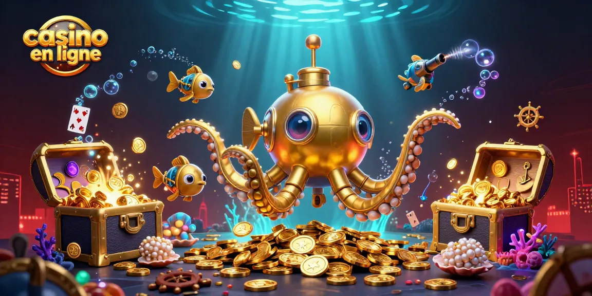 Une scène de casino en ligne avec un kraken sous-marin doré émergeant d'un océan de pièces d'or, entouré de trésors