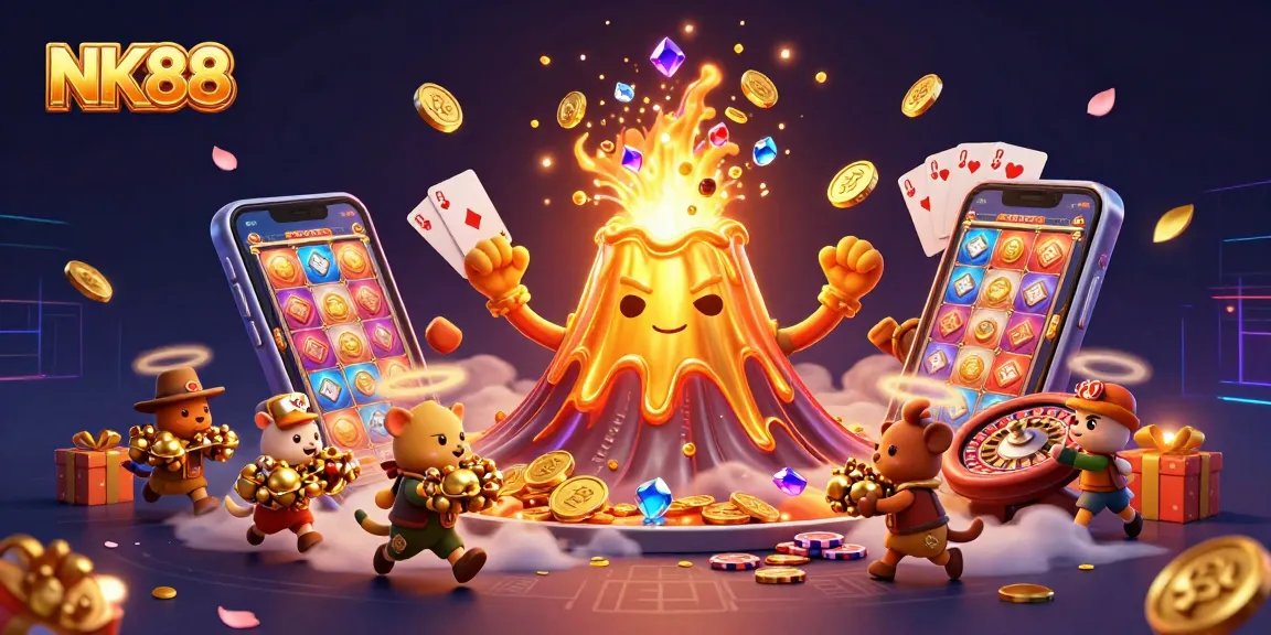 Experience the excitement of NK88 as the golden volcano erupts coins and treasures in a dynamic scene.