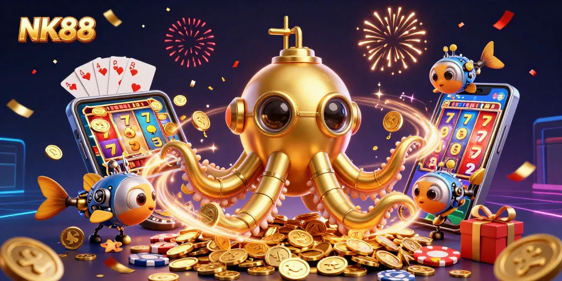 Activate thrilling gameplay with NK88's vibrant 3D casino scene showcasing a kraken submarine and slot games.