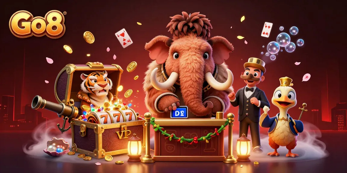 Experience Go8's vibrant casino scene with cartoon characters celebrating amidst abundant riches.