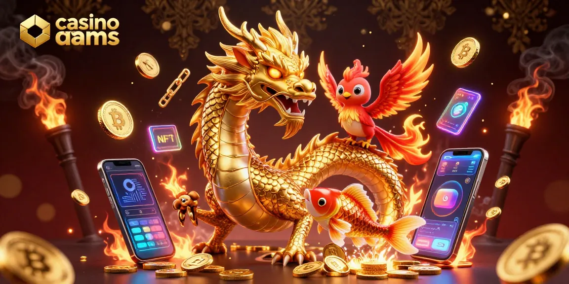 Gioca ai migliori casino non AAMS con drago dorato e pesce fortunato tra monete d'oro.