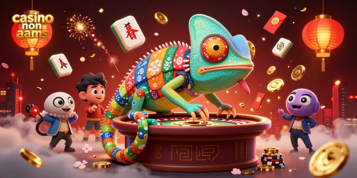 Il chameleone proprietario del casino non AAMS circondato da elementi di gioco e luminarie colorate.
