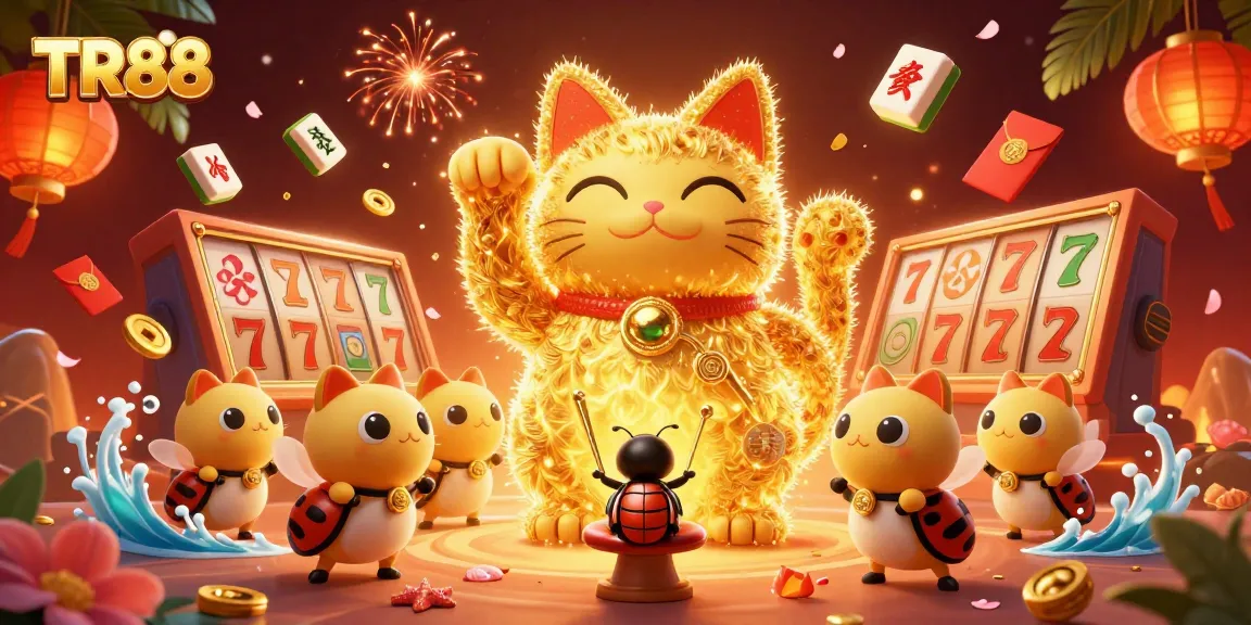 Experience the excitement of TR88 with a vibrant 3D lucky cat illustration amid golden casino symbols.