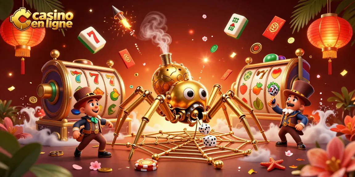 Faites votre expérience au casino en ligne avec une araignée steampunk en or et des éléments de jeu captivants.