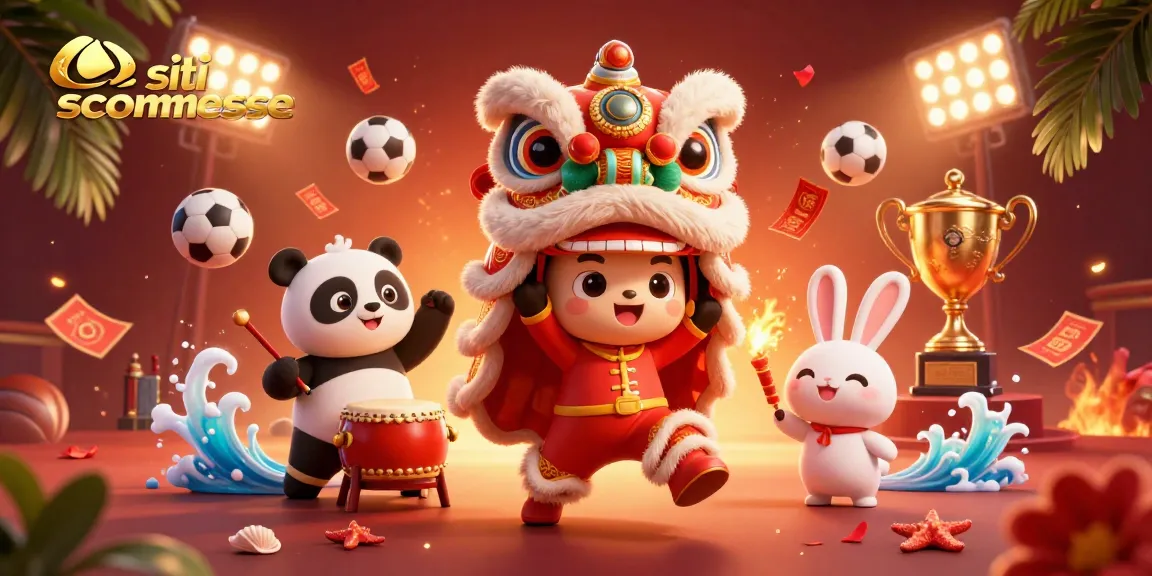 Visualizza i migliori siti scommesse con un lion dance e simboli sportivi in un'immagine vibrante.