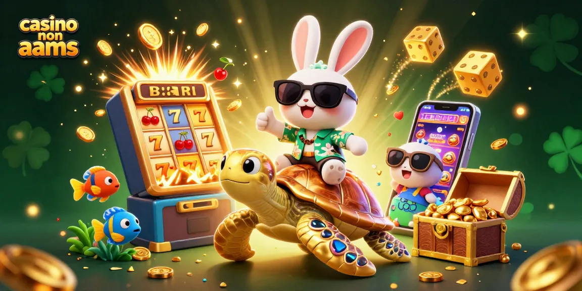 Immagine 3D di un casino non AAMS con un coniglio fortunato che ride su una tartaruga d'oro.