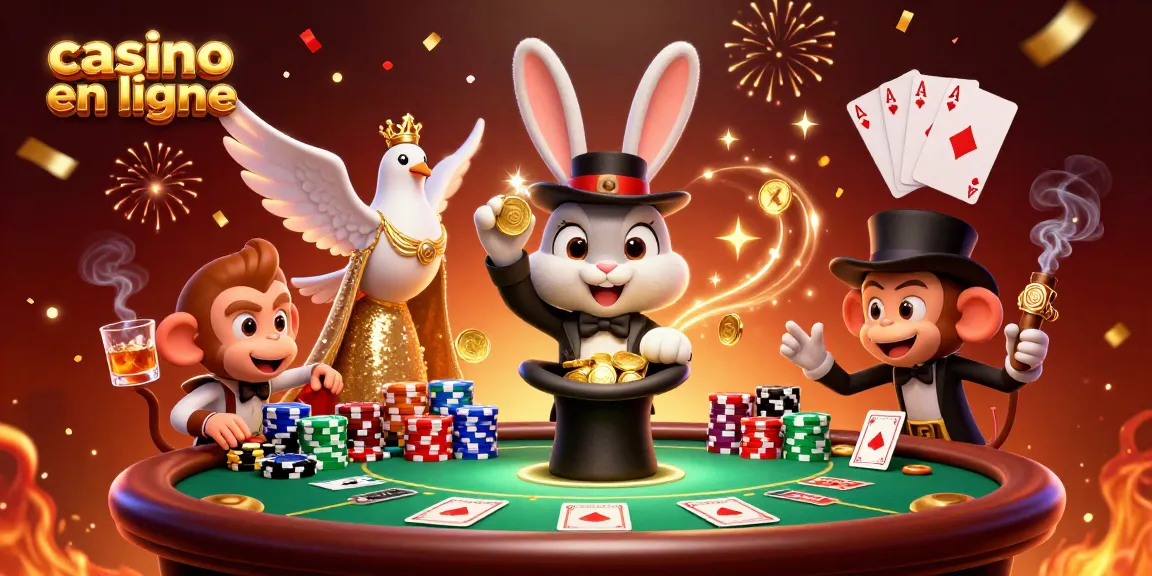 Casino en ligne avec une illustration d'un magicien et un singe volant des jetons